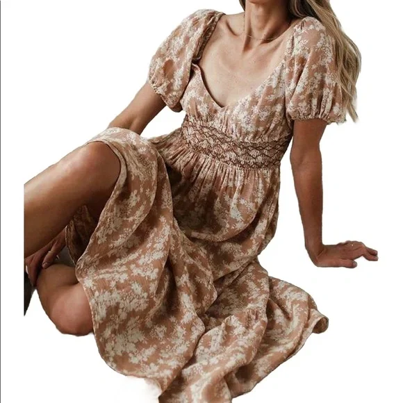 chinese dress ladies Grey Floral Puff Sleeve Midi Dress – PinkBlush